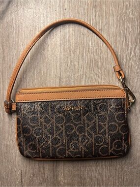 Calvin Klein Brown Monogram Logo Wristlet Clutch Zip Pouch Handbag